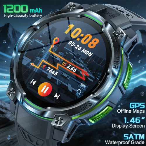 A rugged smartwatch with a dark metallic case and black strap, shown close-up against a blue sci-fi background. The watch face displays colorful screen 