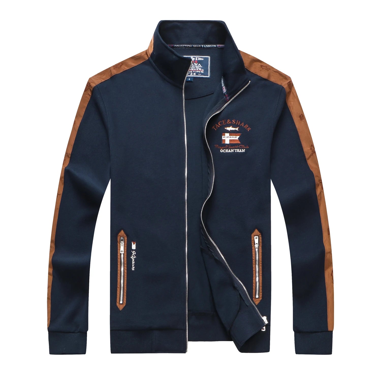 A navy blue zip-up jacket with brown shoulder panels and brown zipper pulls, featuring a high collar, white zipper lines, and a 'Socataj' embroidered patch on the left chest.