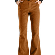 A person wearing brown flared pants with a black belt and black shoes, shown from the waist down against a plain white background.