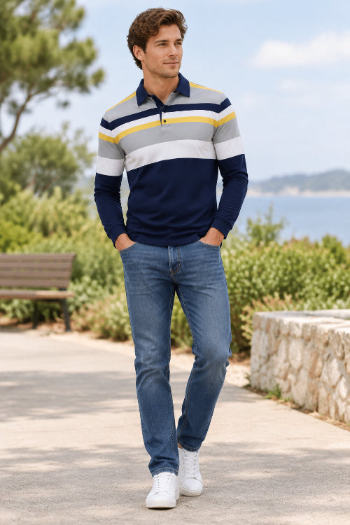 A men's long-sleeve polo shirt with a color-blocked stripe pattern in navy blue, white, gray, and yellow, shown on a plain white background.