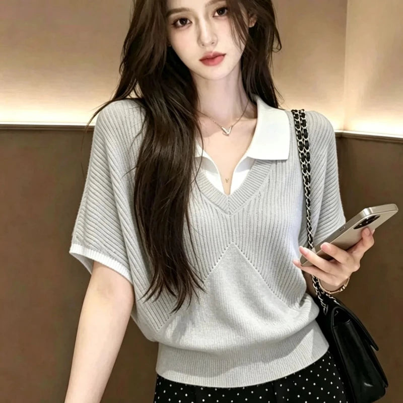 Polo Neck Contrast Patchwork Fake Two Ice Silk Korean Tops Women Clothes Thin Short Sleeve Trend T Shirts Elegant Fashion Summer