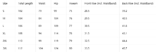 A size measurement chart table with columns for Size, Total Length, Waist, Hip, Inseam, Front Rise (incl. Waistband), and Back Rise (incl.