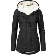 Front view of a black hooded zip-up jacket with white fleece-look lining, drawstrings and buttoned front pockets against a white background