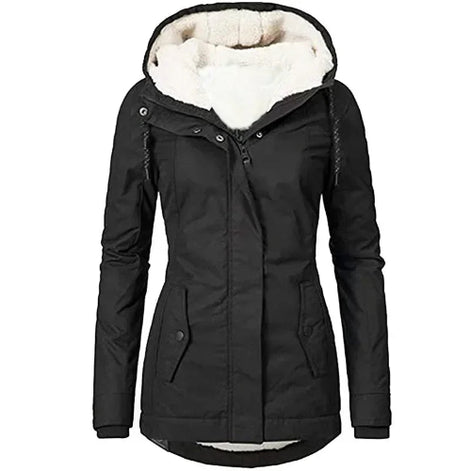 Front view of a black hooded zip-up jacket with white fleece-look lining, drawstrings and buttoned front pockets against a white background