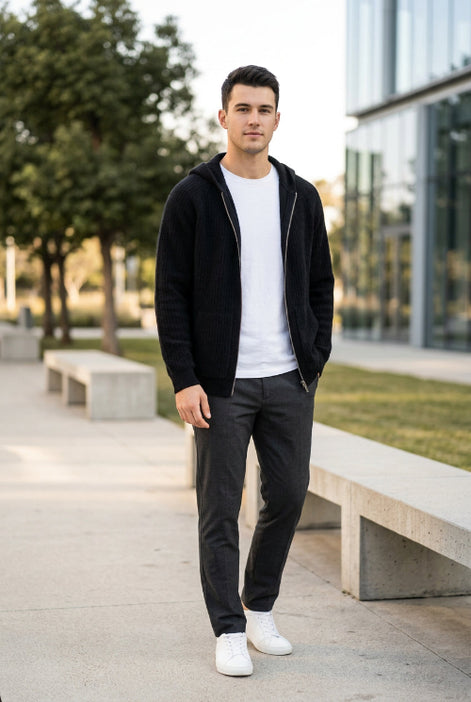 Black jacket on a mannequin against a gray background