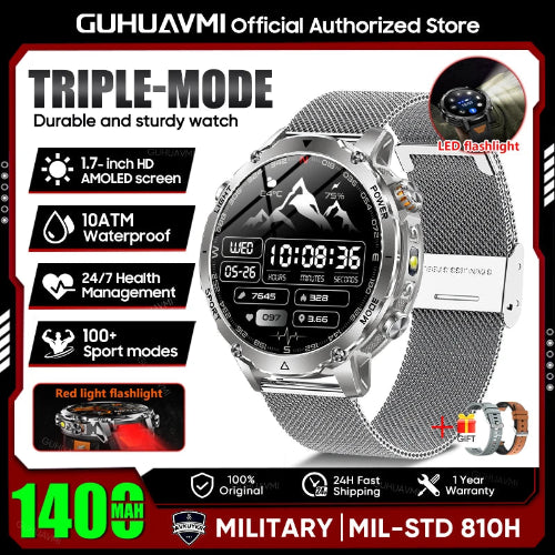 Smartwatch with features highlighted on a promotional graphic, including brand name and product details.