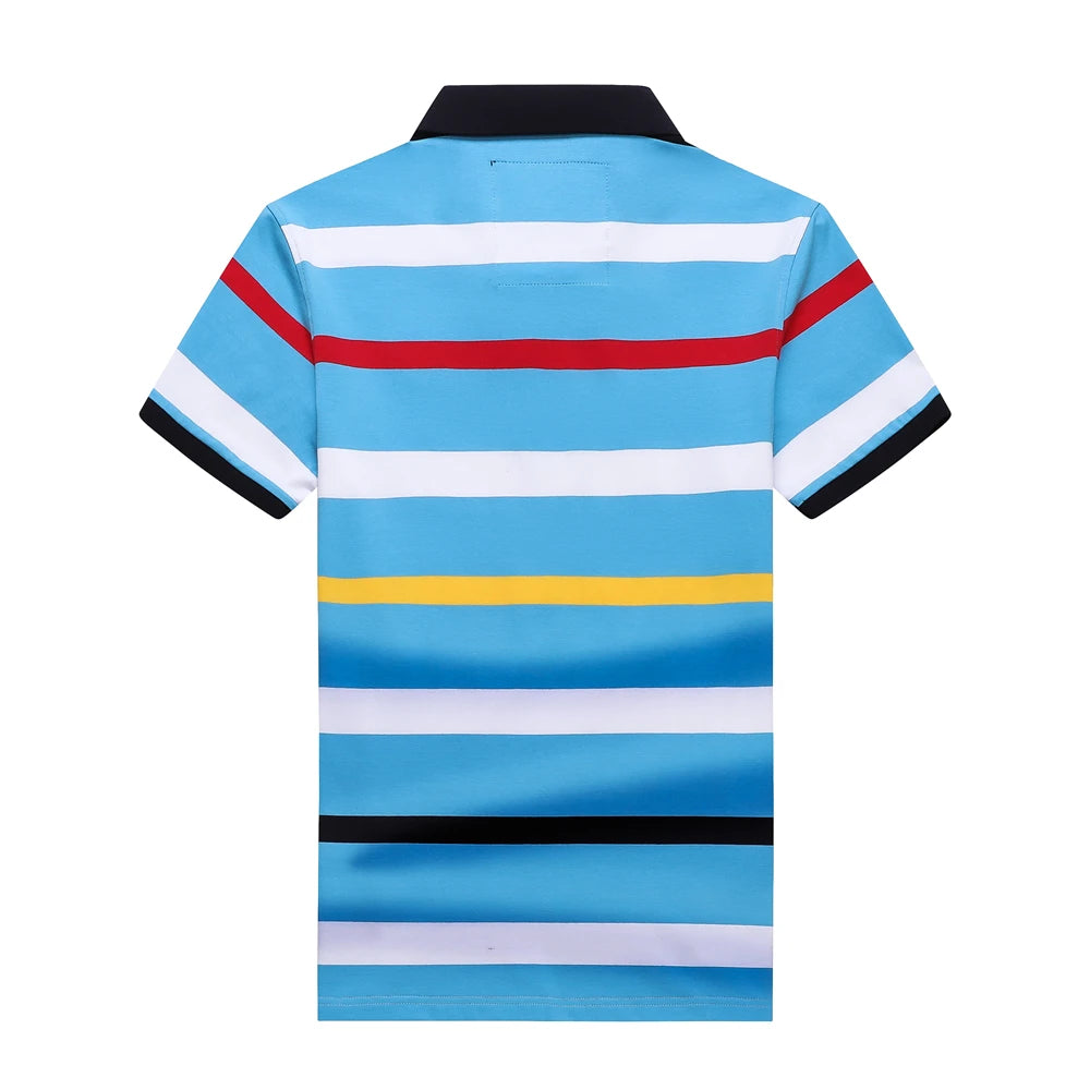 A short-sleeve polo shirt with horizontal stripes in light blue, white, red, yellow, and black, shown against a plain white background.