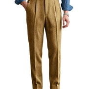 Dark khaki herringbone pleated suit trousers shown on a white background