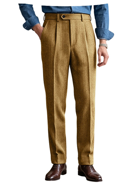 Dark khaki herringbone pleated suit trousers shown on a white background