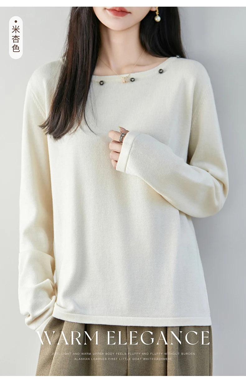 High end fashion 100% pure cotton women's sweater casual knitted round neck pullover autumn and winter solid color women's top