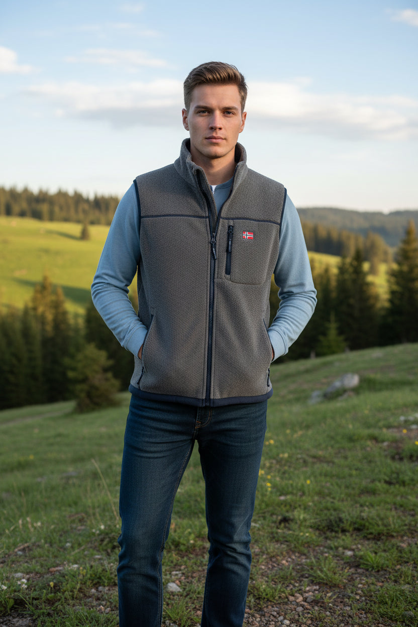 Gray vest with mesh panels on a white background