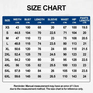 Size chart for clothing measurements with sizes XS to 6XL.