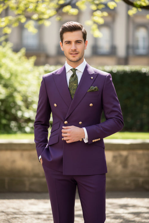 Teal suit with gold buttons on a mannequin and separate pants on a white background