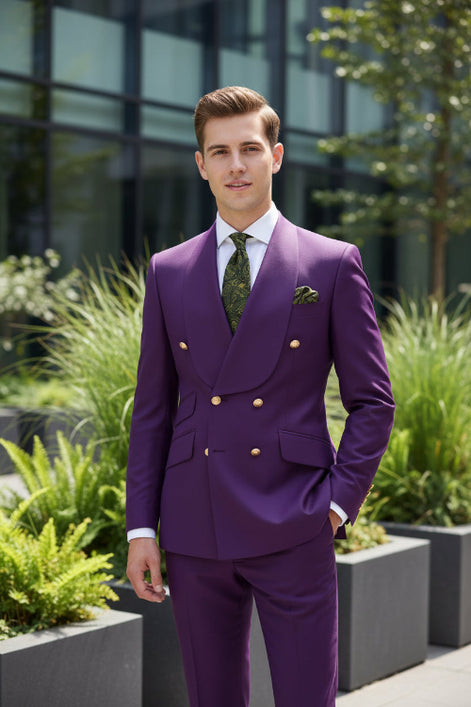 Gray suit jacket with gold buttons and matching pants on a white background