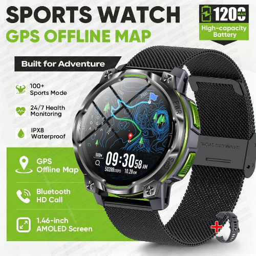 A rugged smart sport watch with a black mesh strap and metallic silver case, shown on a white background with green promotional text and feature icons. 