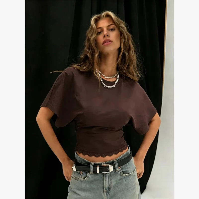 Versatile Regular-shoulder T-shirts Women Casual White Round Neck Irregular Hem Pleated Short Top Summer Lady Street Wear New