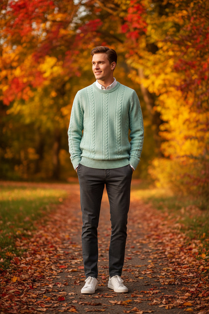 Light blue sweater on a wooden hanger against a white background