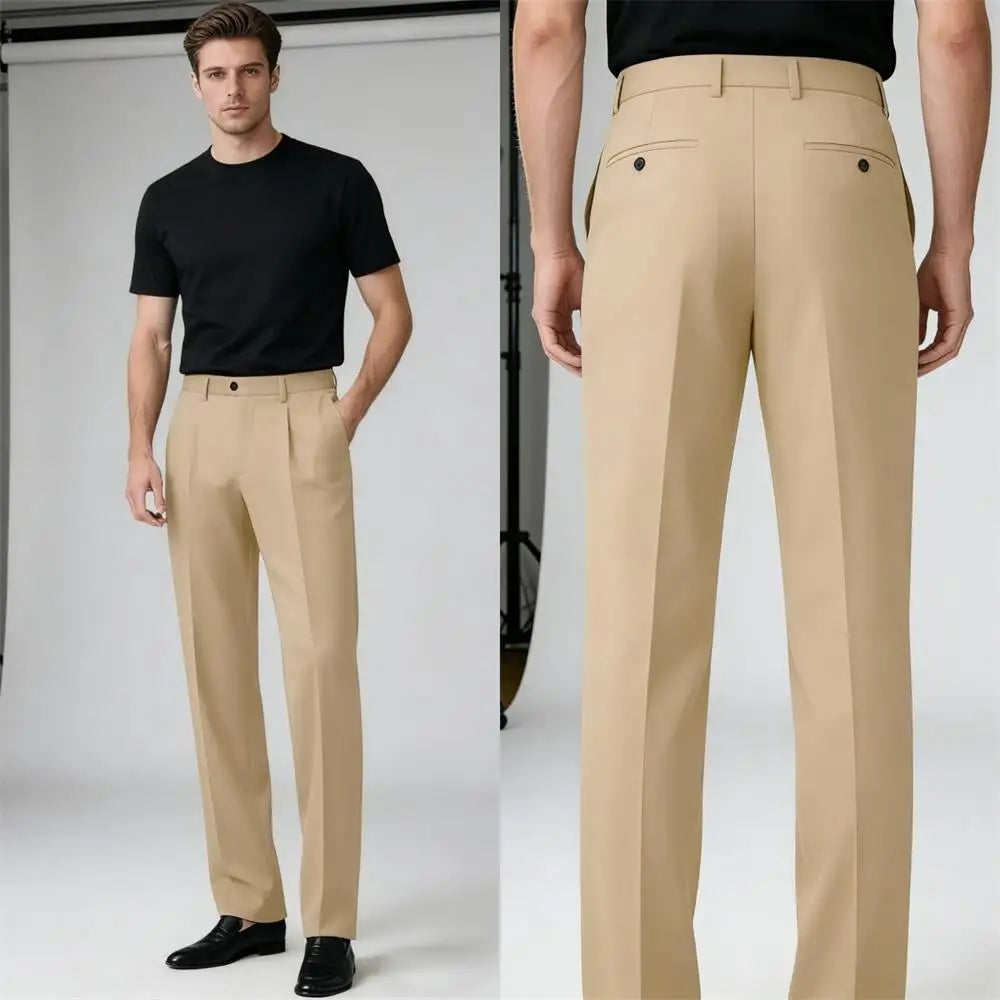 Men's Premium Pleated Wide-Leg Dress Pants Versatile Formal Casual Trousers Chinos Business Daily Office Banquet Wedding Summer