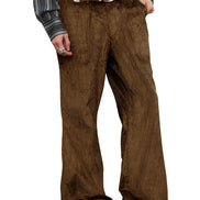 A person wearing brown corduroy wide-leg pants with a brown belt, a patterned waistcoat, and brown shoes, shown from the waist down on a white background.