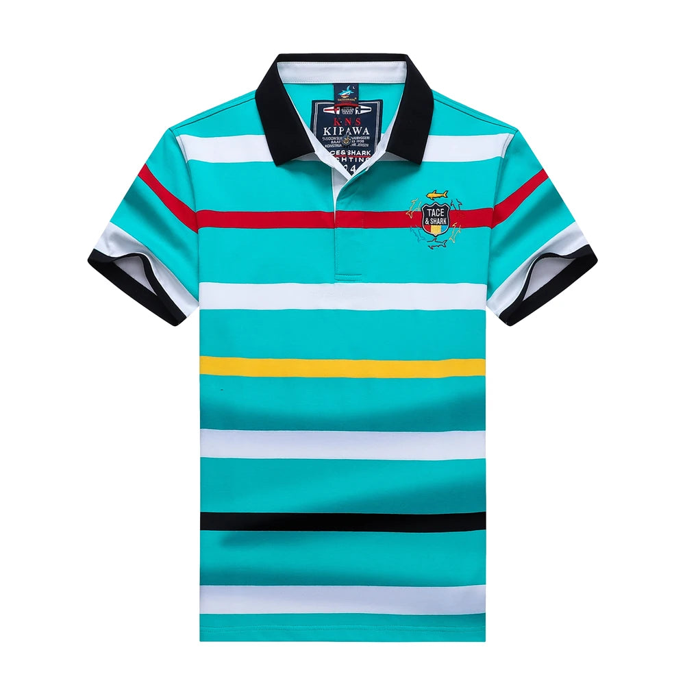A short-sleeve polo shirt with horizontal stripes in turquoise, white, red, yellow, and black, featuring a black collar and a small graphic on the left chest.