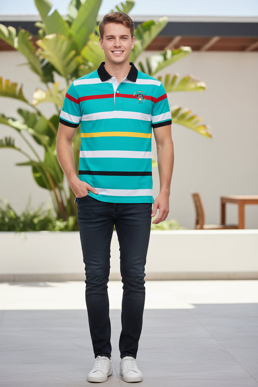 A short-sleeve polo shirt with horizontal stripes in turquoise, white, red, yellow, and black, featuring a black collar and a small graphic on the left chest.
