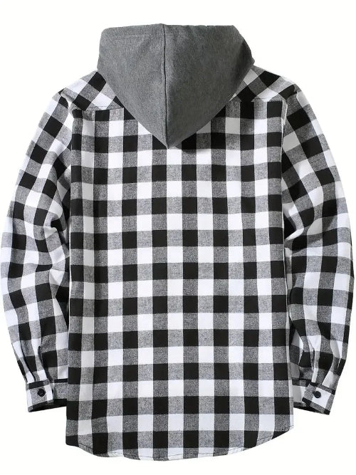 Black and white checkered shirt with gray hood on a white background