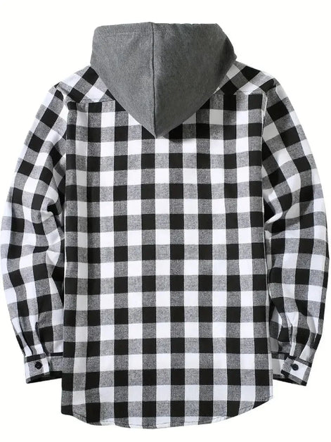 Black and white checkered shirt with gray hood on a white background
