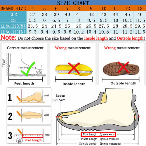 Size chart for shoes with measurements and illustrations of correct and incorrect measurement methods.