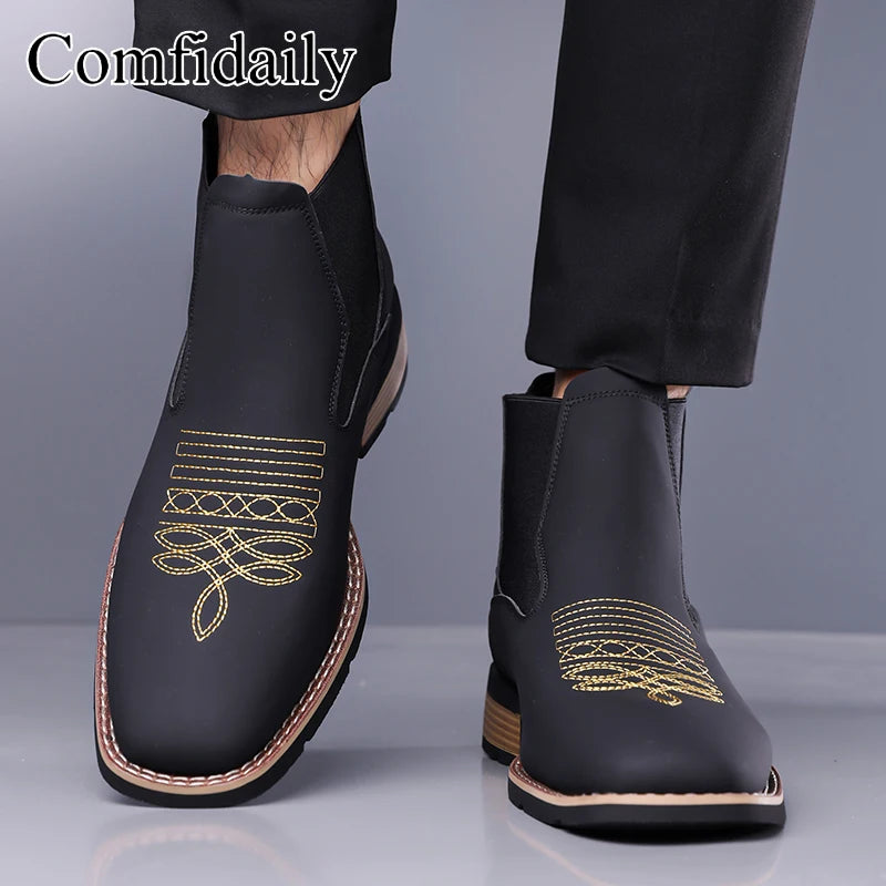 Retro Men Chelsea Boots Classic Brown Embroidery Boots High Quality Business Casual British Style Street Western Ankle Boots