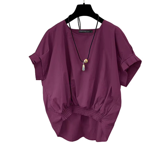 ZANZEA Women Fashion Shirring Hem Blouses 2025 Summer O Neck Short Sleeve Casual Blusas Mujer Stylish Slit Back Solid Shirt Tops