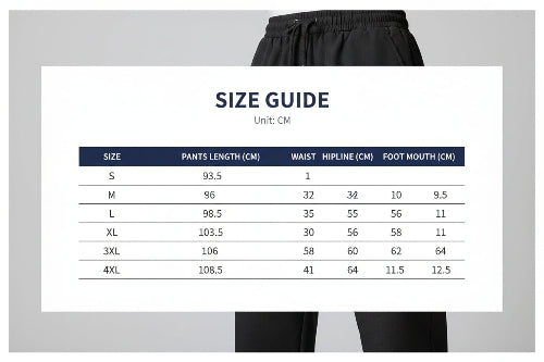 Pants size chart with measurements in centimeters