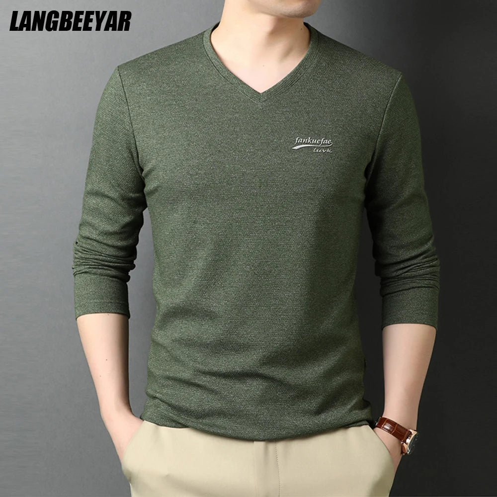 Top Quality New Fashion Brand Solid Color Plain V Neck Long Sleeve t Shirt Men Cotton Casual Men Clothes 2025