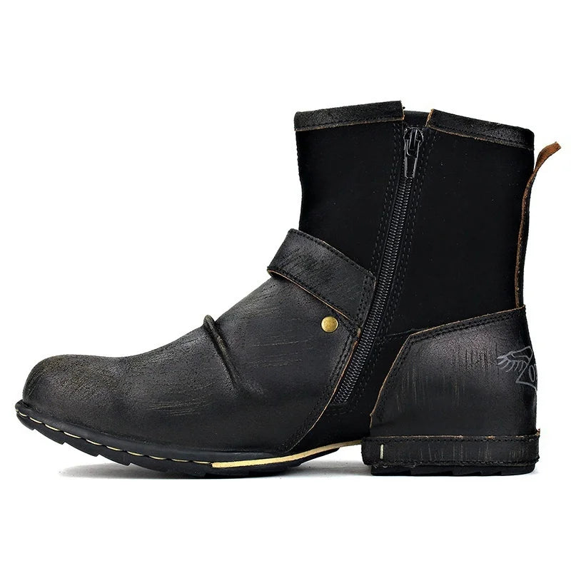 Men's Ankle Boots High Quality Cowboy Boots Men Metal Buckle Side Zipper Motorcycle Boots Gothic Boots Retro Western Boots