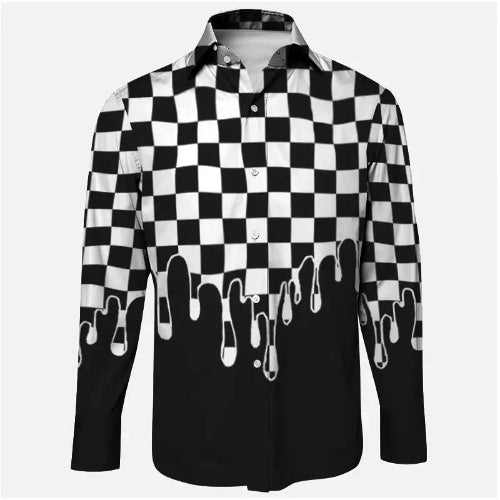 Black and white checkered shirt with dripping design on a light gray background