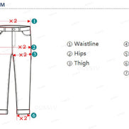Measurement chart for pants with labeled parts and dimensions on a white background