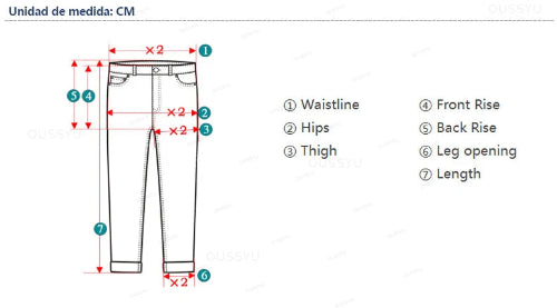 Measurement chart for pants with labeled parts and dimensions on a white background