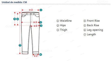 Measurement chart for pants with labeled parts and dimensions on a white background