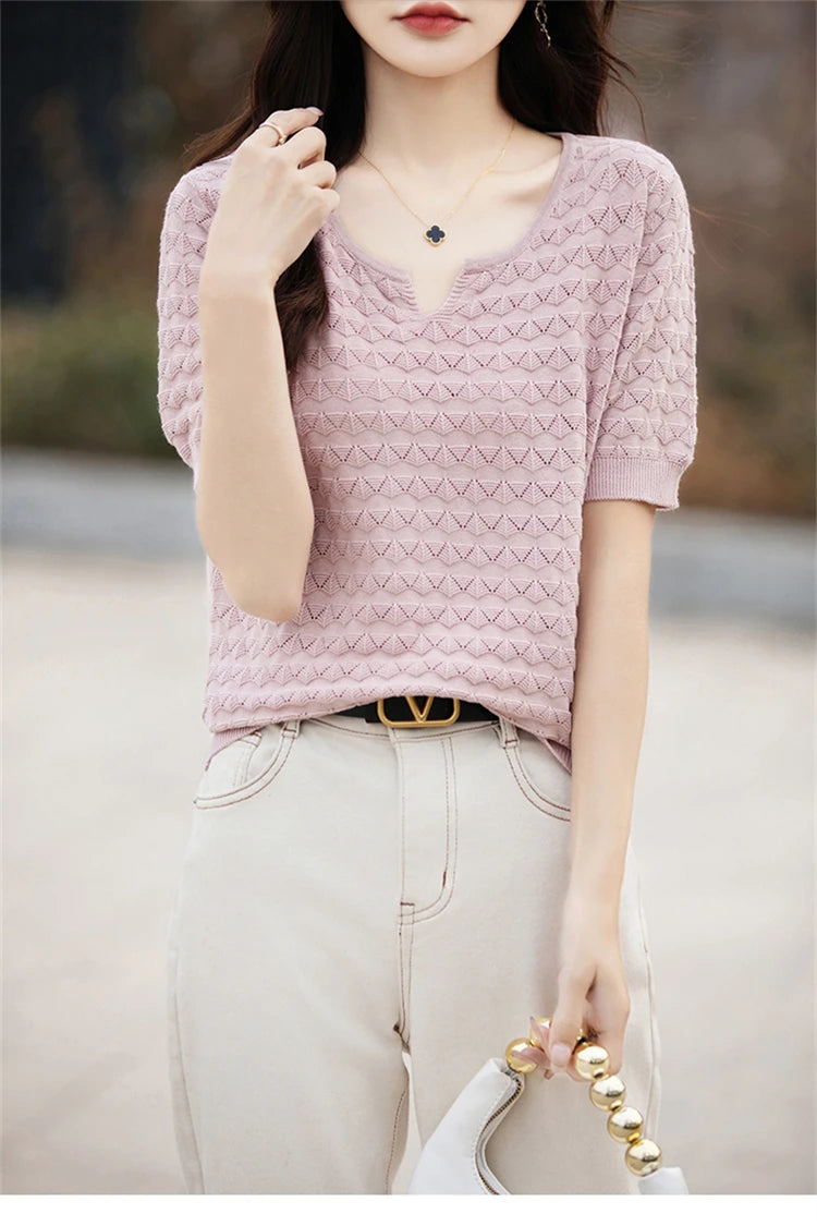Women's T-shirt Summer New 100% Pure Cotton Tees Casual Solid Knitted Short sleeved V-neck Pullover Loose Tops Fashion Sweater