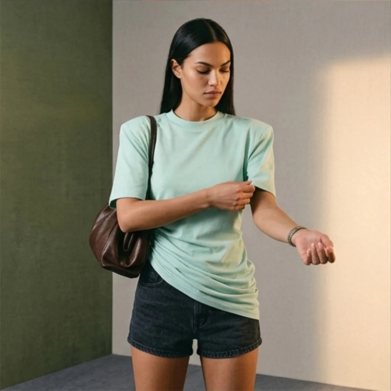 Versatile Regular-shoulder T-shirts Women Casual White Round Neck Irregular Hem Pleated Short Top Summer Lady Street Wear New