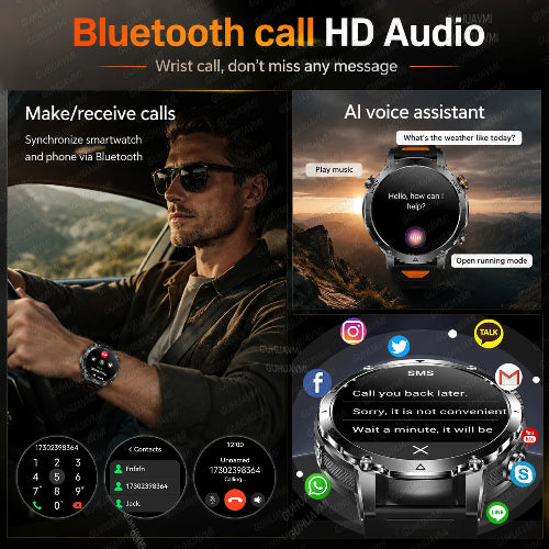 Smartwatch with Bluetooth call and HD audio features, shown in use scenarios.