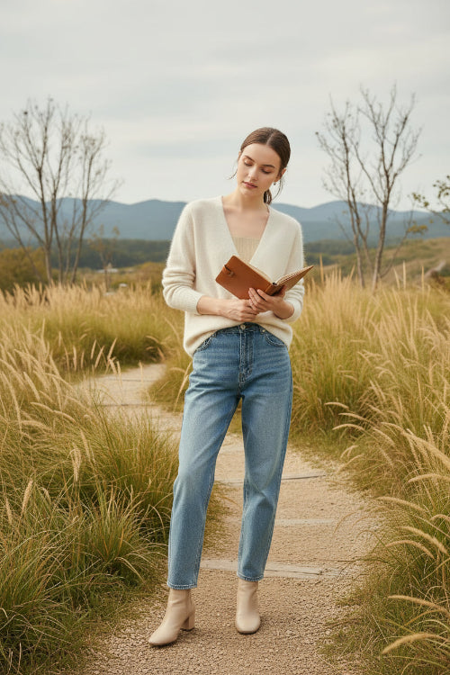 A person wearing a fuzzy off-white V-neck cardigan over a beige ribbed top, 