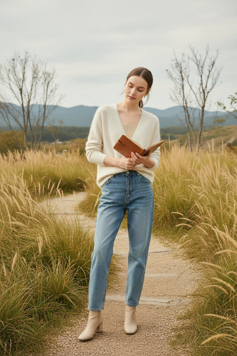 A person wearing a fuzzy off-white V-neck cardigan over a beige ribbed top, 
