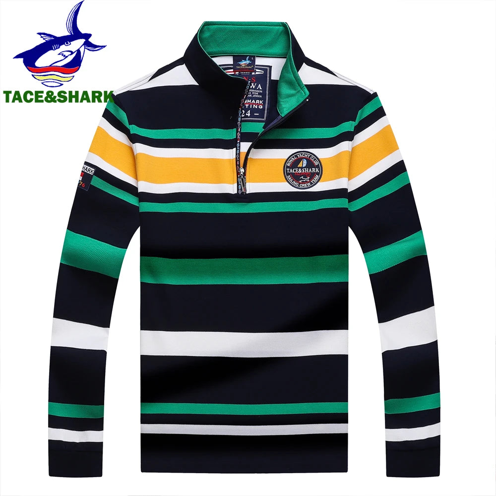 TACE&SHARK Brand Men‘s Casual Long Sleeve Striped Polo Shirt Cotton Blend Knitted Top Fashion Business Embroidery