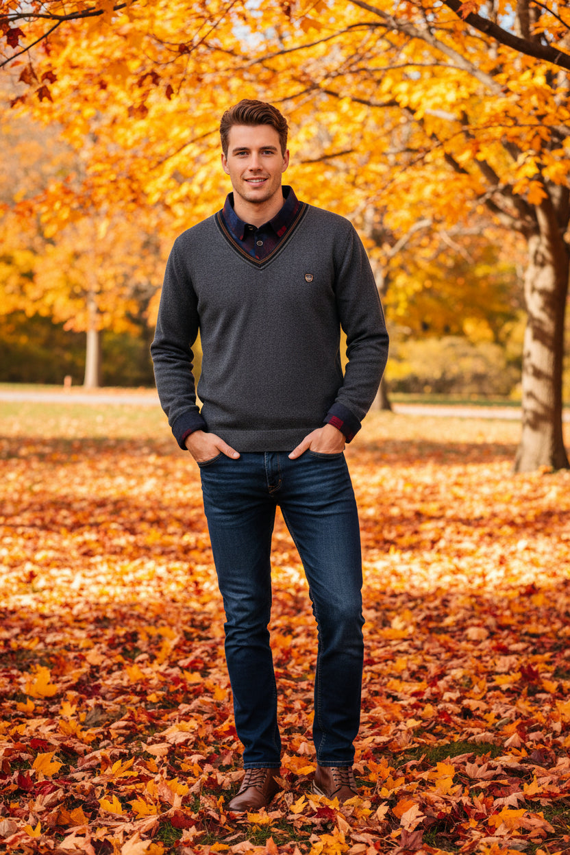 Folded gray sweater with plaid shirt underneath on a snowy background