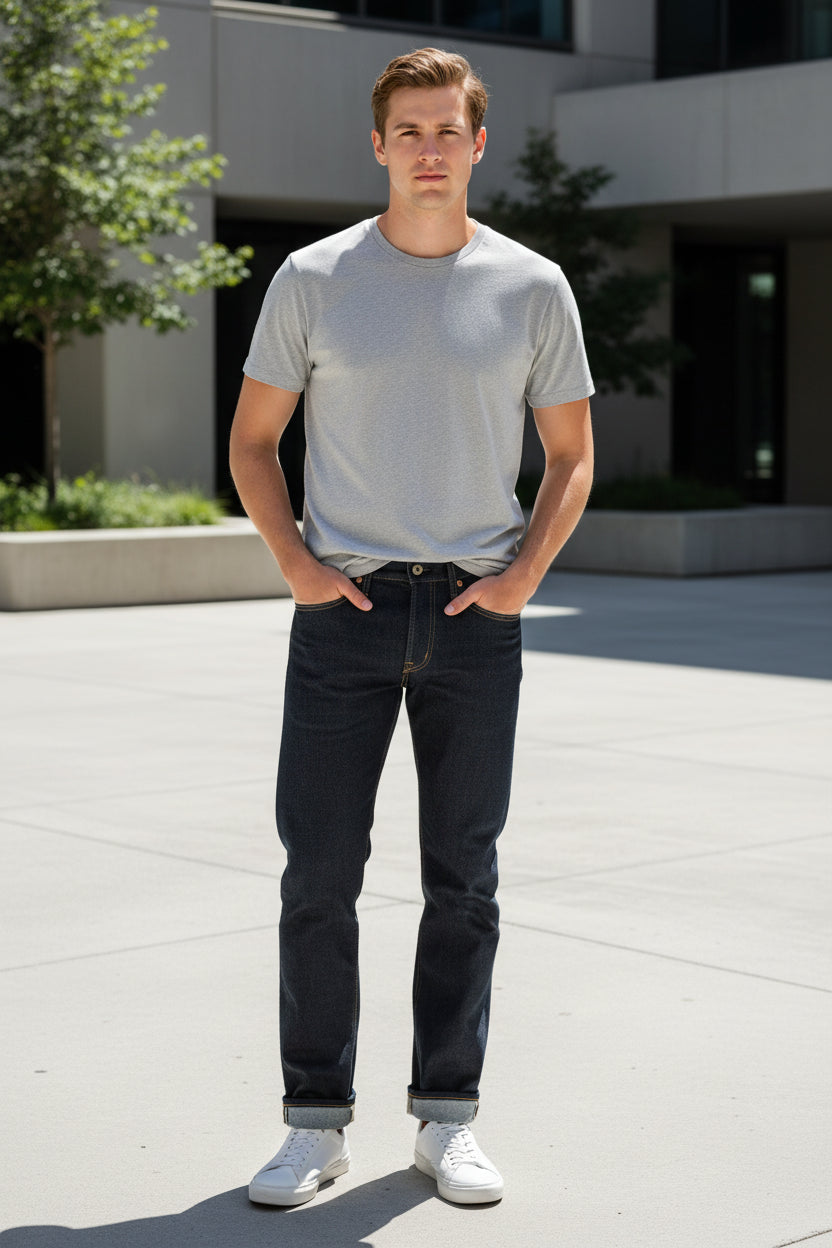 Dark wash slim-fit jeans with rolled cuffs, displayed flat against a white background.