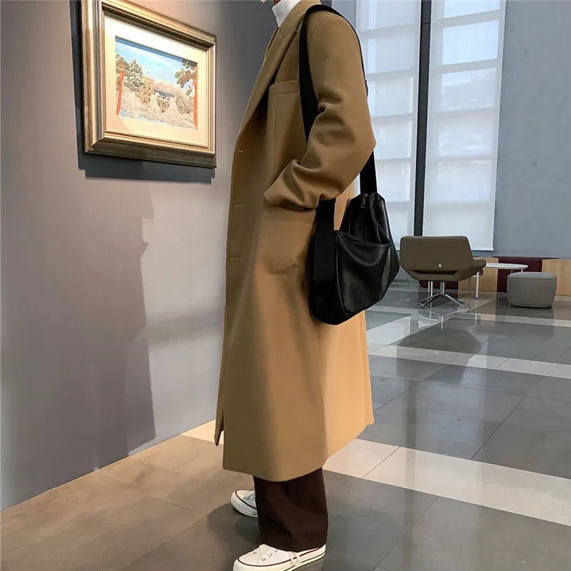 Autumn Winter Male Wool Blend Coats Fashion Long Business Casual Woolen Outwear Men Turn Down Collar Trench Coat Winbreaker Man