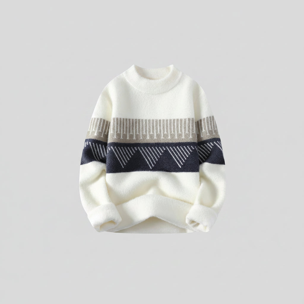 White sweater with black and gray pattern on a white background