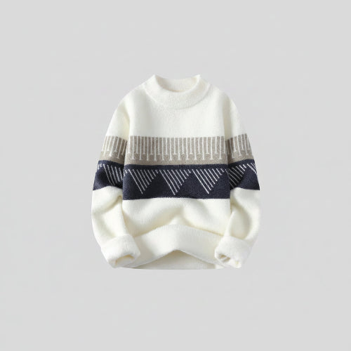 White sweater with black and gray pattern on a white background