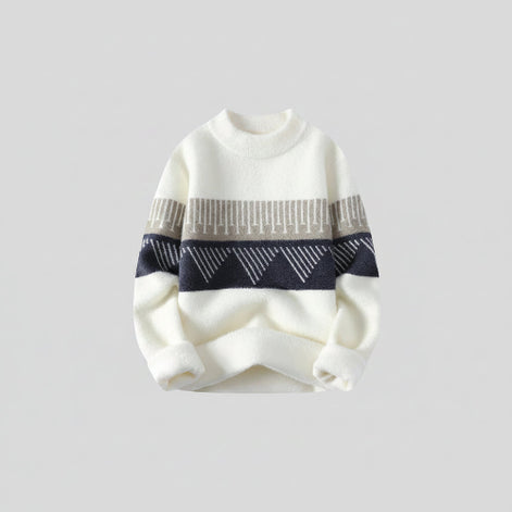 White sweater with black and gray pattern on a white background