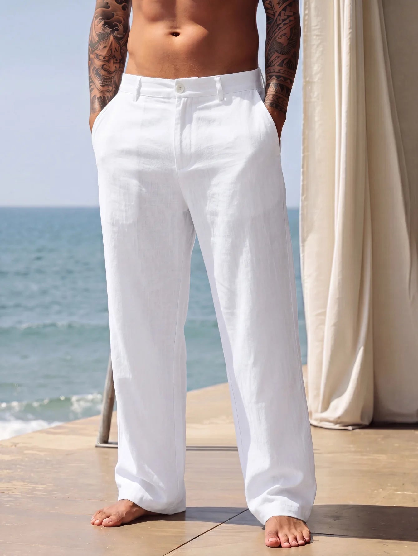 2026 New Amazon European and American men's linen solid color casual suit pants new fashion beach wide-leg trousers
